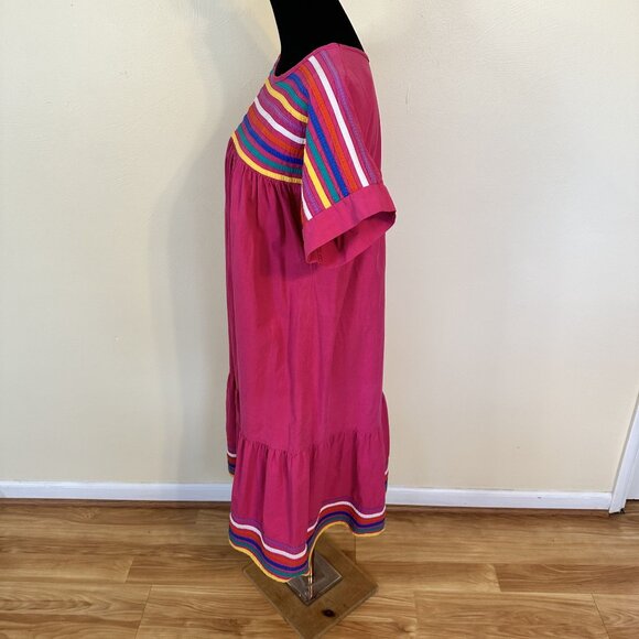 Womens Hot Pink MuMu Housedress Cotton Medium Striped Embroidered Pockets Midi - Picture 7 of 9